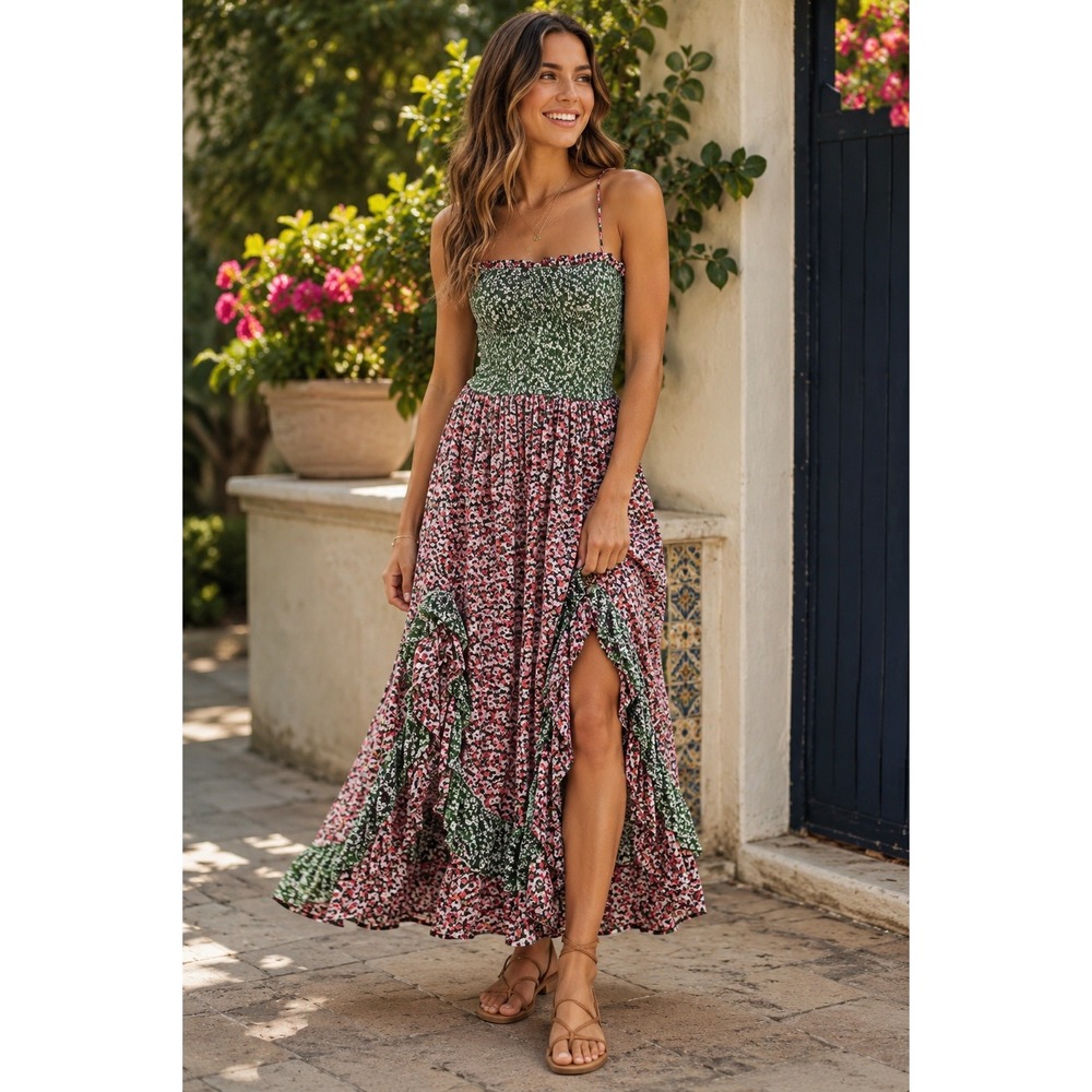 Free People Maxi Dress Mixed Floral Smocked Ruffle Boho Pink Green Size M